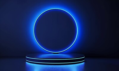 Poster - 
Abstract futuristic blue technology background with glowing circular podium and hologram elements for product presentation in a virtual space, 