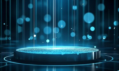 Poster - 
Abstract futuristic blue technology background with glowing circular podium and hologram elements for product presentation in a virtual space, 