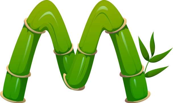 Garden bamboo plant font letter M. Japan garden nature and eco type letter, jungle plant isolated cartoon vector English alphabet typeset sign. China tropical forest bamboo branch font symbol