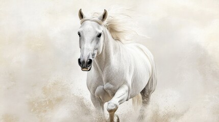 Naklejka na meble White horse running through dust with power and grace on light background