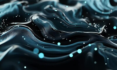 Fototapete - Abstract digital waves and dots on a black background, glowing lines in blue color creating the appearance of an illuminated ocean with swirling patterns.