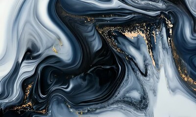 Poster - Abstract fluid art painting with swirling patterns of dark blue and white marble, accented by golden veins, creating an elegant and luxurious wallpaper design. 