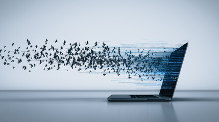 Poster - Data Stream from Laptop: Abstract representation of data flow from a laptop, depicting a stream of digital information. The image suggests speed, connectivity, and the power of technology. 