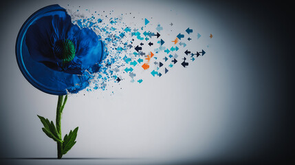 Poster - Blooming Abstract Floral Artwork: A striking artistic representation of a floral bloom, the petals dissolving into a multitude of colorful, abstract shapes.