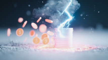 Poster - Coin and Lightning: A dramatic illustration of a stack of coins struck by lightning, symbolizing financial impact.