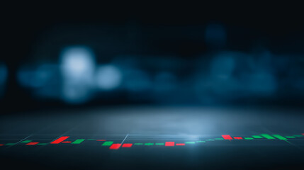 Poster - Stock Market Candlestick Chart:  Abstract image of a candlestick chart reflecting market trends, overlaid on a dark, moody background, suggesting uncertainty and potential volatility. 