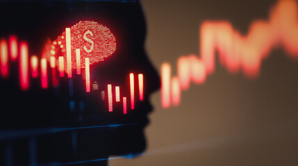Poster - Financial Forethought: An abstract depiction of financial analysis is illustrated, with a brain-shaped graphic overlaying a descending graph, symbolizing the complexities of economic insight.