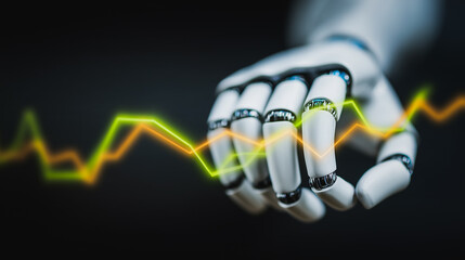 Poster - Robot Hand with Stock Chart: A futuristic robot hand interacts with dynamic stock market data, illustrating the intersection of artificial intelligence and financial analysis.
