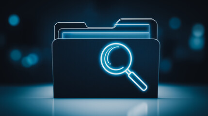 Poster - Data Exploration: A digitally rendered, sleek folder with a magnifying glass symbol, symbolizing data analysis and information retrieval.