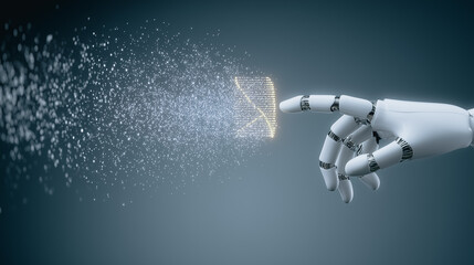 Poster - Digital Interaction: An artificial hand gracefully connects with abstract digital particles, in a striking portrayal of technological innovation and the future of connectivity.