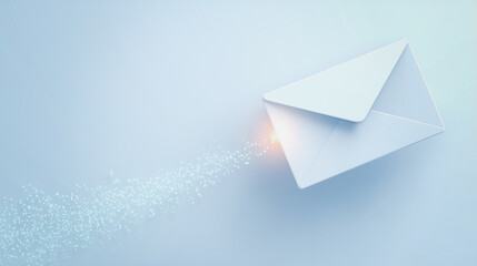 Poster - Digital Delivery: An elegant envelope, poised in mid-air, emits a stream of digital particles, illustrating seamless electronic communication in a photorealistic composition.