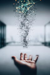 Poster - Abstract Networking Hand: An open hand reaching up towards a cascade of data particles and illuminated network nodes, symbolizing connectivity and digital transformation.