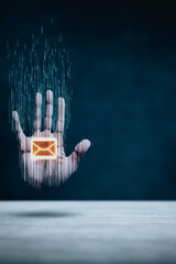 Poster - Email Security in the Digital Era: A futuristic digital artwork presents an open hand emitting a secure email icon. This imagery represents online security.