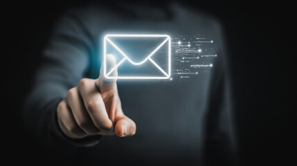 Poster - Digital Touch: An individual hand interacts with a digitally rendered email icon, representing the modern era of communication, technological advancement.