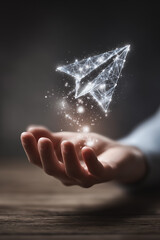 Poster - Paper Plane in Hand: A delicate paper airplane, rendered in sparkling light and intricate lines, floats above an open hand, symbolizing dreams, innovation, and the limitless potential of imagination.