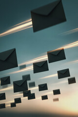 Poster - Digitized Deluge: Envelopes soar through the air, a cascade of digital communication streams across the sky, representing the speed and scale of modern online correspondence.