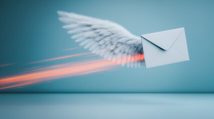 Poster - Winged Mail: A metaphor for swift communication, a pristine envelope adorned with angelic wings streaks across a blue gradient. Evoking a sense of rapid delivery and innovative service.