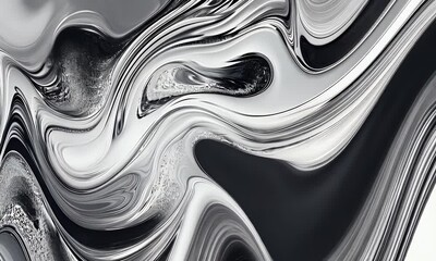 Fototapete - White background, silver liquid flowing from top to bottom, digital art style, black and white color scheme, abstract design with curved lines, 