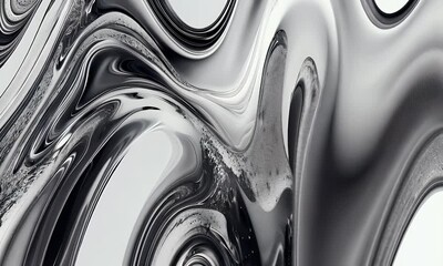 Fototapete - White background, silver liquid flowing from top to bottom, digital art style, black and white color scheme, abstract design with curved lines, 