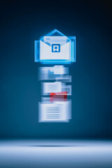 Poster - Digital Mail Metaphor: A captivating image of floating virtual email. Illustrating the modern day communication through a visual representation of incoming messages, documents and information.