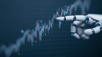 Poster - Digital Insight: An automated robotic arm, with precision, interacts with complex financial data charts. This image illustrates the cutting edge of technology.