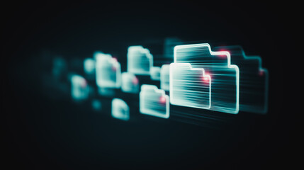 Fototapete - Digital File: An ethereal digital landscape composed of glowing folder icons in a dark environment, creating a futuristic and abstract representation of data management and digital storage. 