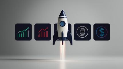 Poster - Rocket Launch Startup: A stylized rocket ship blasts off, leaving a trail of fiery exhaust, symbolizing rapid growth and financial success.