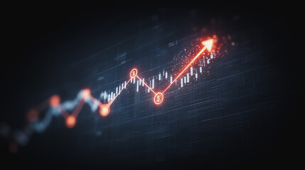 Poster - Stock Market Surge: An upward trending stock market graph with a prominent red arrow symbolizes growth and progress in a digital world, illustrating economic success and positive market trends.