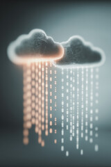 Poster - Cloud Computing Data Flow: A digital artwork of two cloud-shaped forms shedding streams of binary code, symbolizing data transfer and information technology in a futuristic style.