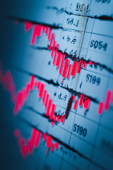 Poster - Market Fluctuations: A detailed visual depiction of market fluctuations with an overlay of bright red bar graph, representing the ever-changing financial environment. 