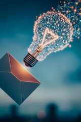 Poster - Brilliant Idea Delivery: A glowing lightbulb, symbolizing a brilliant idea, emerges from an email envelope, representing innovative communication and digital insights.