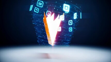 Poster - Digital Communication Icon: A sleek, orange abstract graphic, symbolizing interconnected data flow and digital communication within a futuristic, neon-lit sphere.