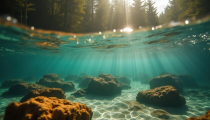 Poster - Underwater rocks illuminated by sunbeams in tranquil lake