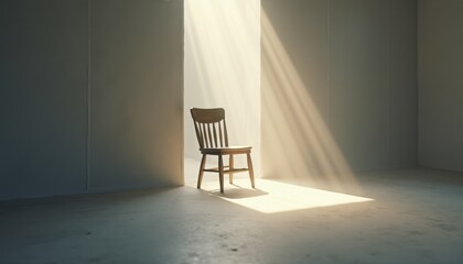 Poster - Solitary wooden chair in sunlit minimalist room