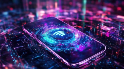 Fototapete - Smartphone displaying wifi symbol in abstract digital environment