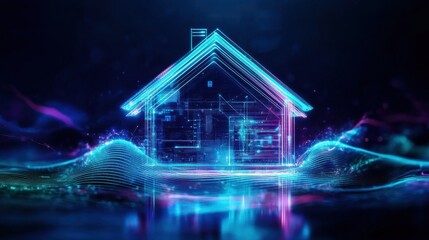 Fototapete - Digital rendering of a house outline with internal circuitry at night