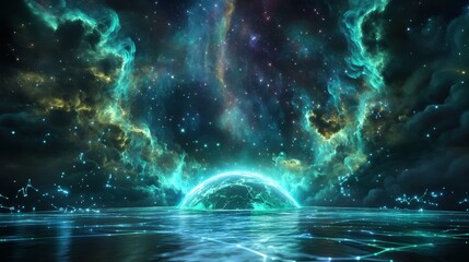 Wall Mural - planet reflecting in water under glowing nebula in space