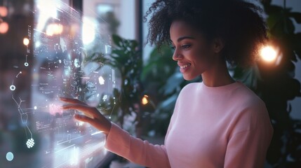 Poster - Young African American woman interacting with holographic interface indoors