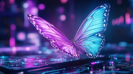 Aufkleber - Butterfly resting on glowing tablet in futuristic setting