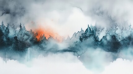 Poster - Serene sunset over misty forest with trees and water reflections