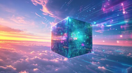 Poster - Aerial view of glowing cube structure above clouds at sunset