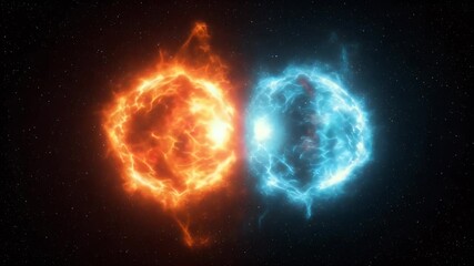 Wall Mural - A cosmic vista showcases two celestial spheres, one fiery orange, the other icy blue, juxtaposed in space against a star field