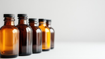 Poster - Five amber glass bottles with black caps on white background