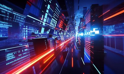 Aufkleber - Digital cityscape with glowing neon lights and holographic code, creating an immersive virtual environment. High-speed cars race through digital streets in motion blur, symbolizing the speed of data t
