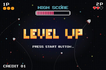 Aufkleber - LEVEL UP icon pixel art. 8 bit game. retro game. Retro Futurism Sci-Fi Background. glowing neon grid. and stars from vintage arcade computer games