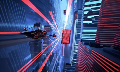 Aufkleber - Digital cityscape with glowing neon lights and holographic code, creating an immersive virtual environment. High-speed cars race through digital streets in motion blur, symbolizing the speed of data t