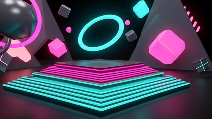 Neon Geometric Stage: Dynamic 3D Animation with Vibrant Shapes and Platform Display.
