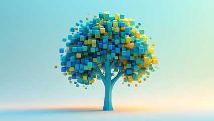 Blue yellow green cubes forming abstract tree shape branch branches