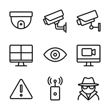 Surveillance security vector icons collection. Outline symbols. Line design