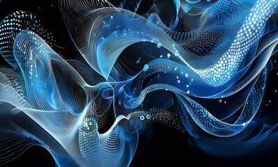 Fototapete - Abstract blue and white wavy lines on a black background. Abstract smoke or wind effect with a blurred light for design. Realistic photo. Copy space, high quality. 